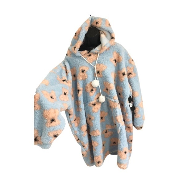 Blue fluffy sherpa like teddy bear print oversized hoodie poncho blanket size OS - Picture 1 of 14
